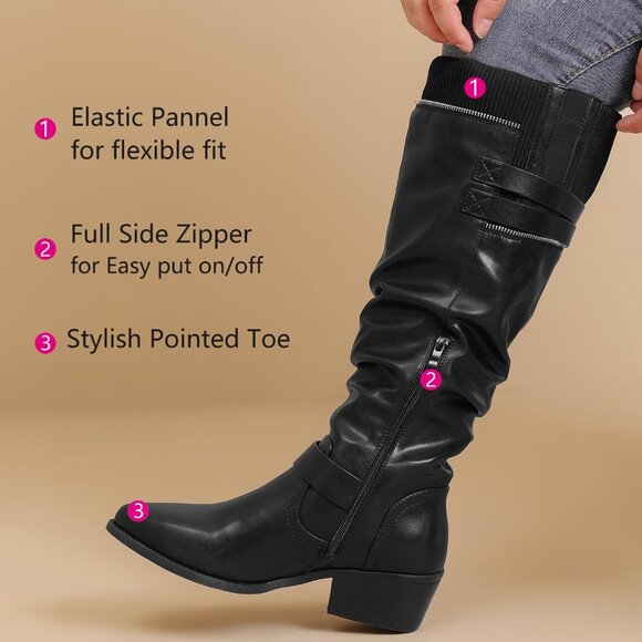 ⚡Women's Black Extra Wide Calf Knee High Boots Knee High Boots Low Stacked Heel - Picture 4 of 6